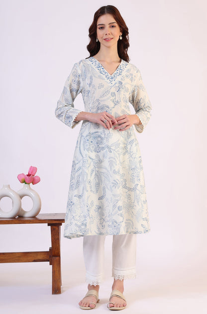 W for Woman White Floral Printed Pure Cotton A-line Kurta with Kantha Embroidery