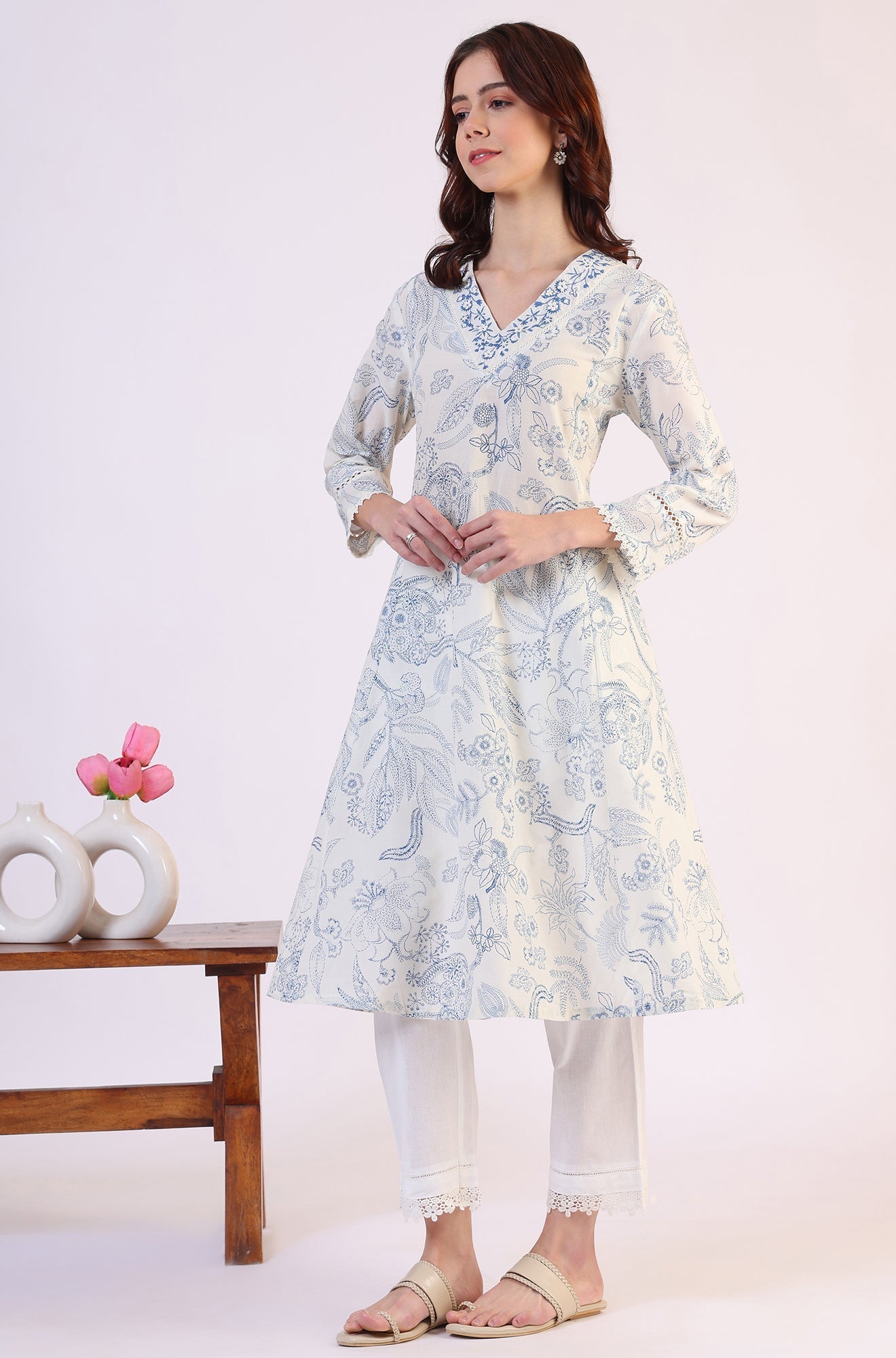 W for Woman White Floral Printed Pure Cotton A-line Kurta with Kantha Embroidery