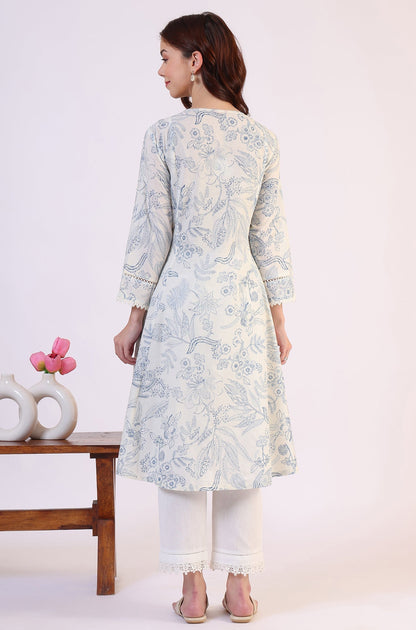 W for Woman White Floral Printed Pure Cotton A-line Kurta with Kantha Embroidery
