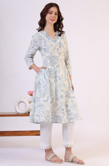 W for Woman White Floral Printed Pure Cotton A-line Kurta with Kantha Embroidery