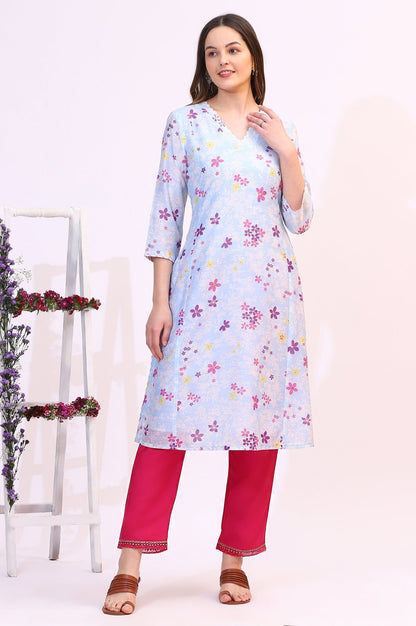 W for Woman Sky Blue Floral Printed Sequined Chanderi Straight Kurta with Scalloped Neck