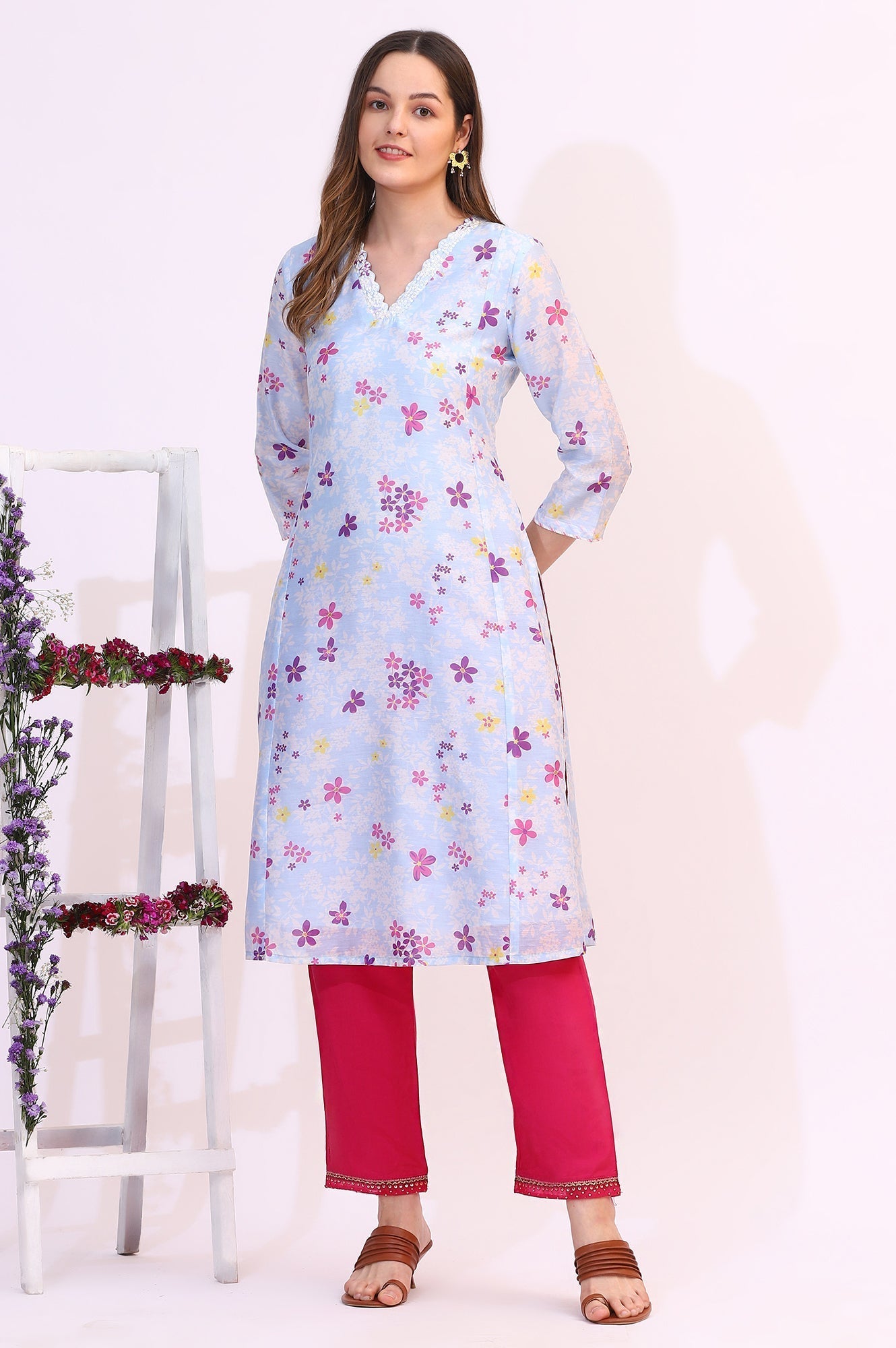 W for Woman Sky Blue Floral Printed Sequined Chanderi Straight Kurta with Scalloped Neck