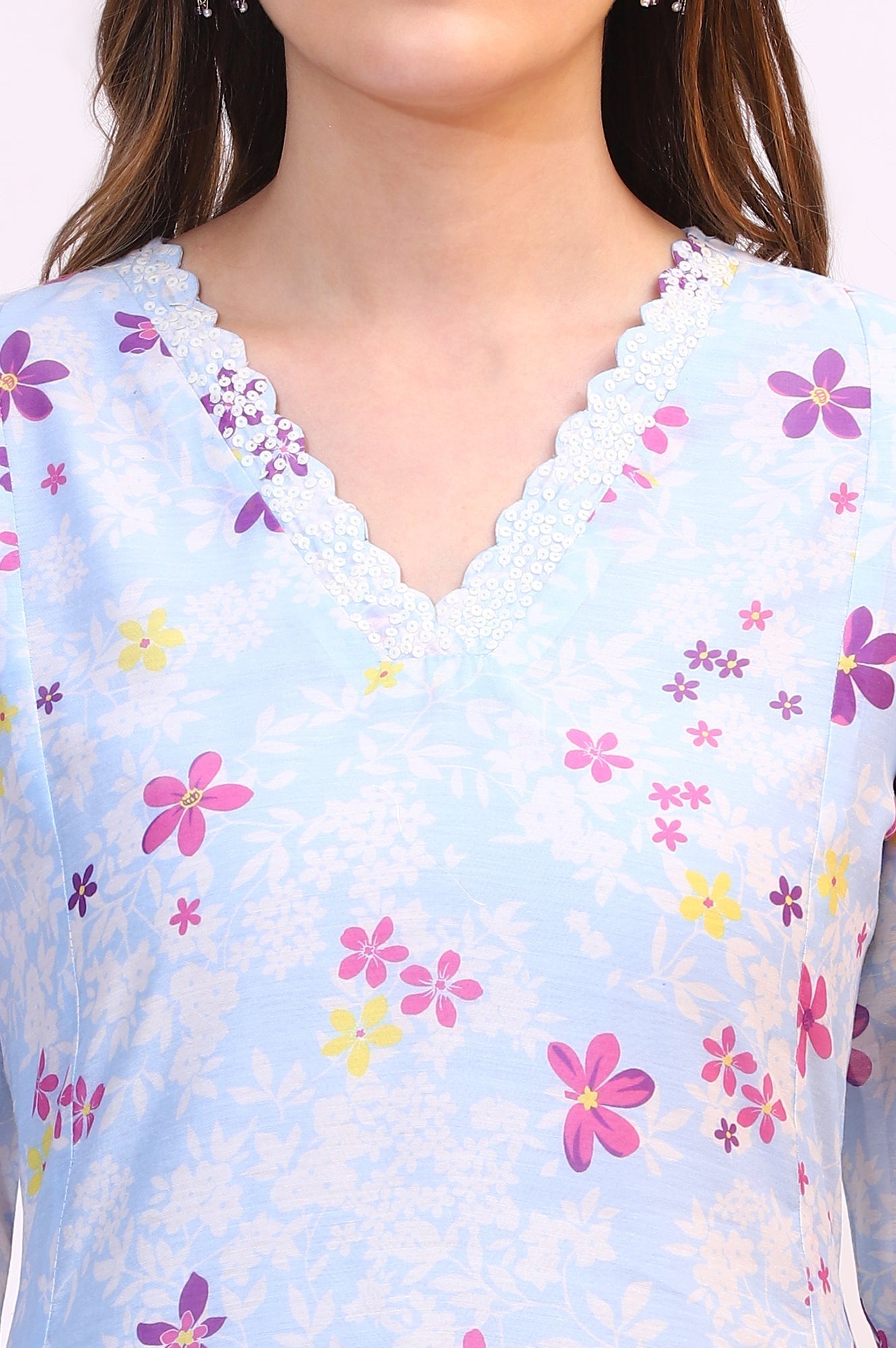 W for Woman Sky Blue Floral Printed Sequined Chanderi Straight Kurta with Scalloped Neck
