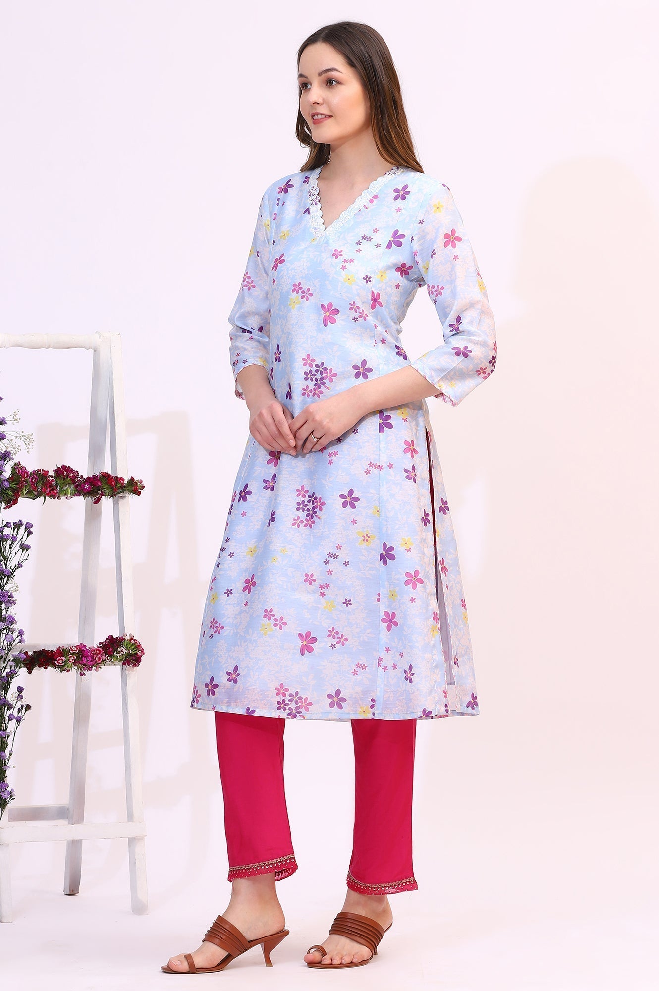W for Woman Sky Blue Floral Printed Sequined Chanderi Straight Kurta with Scalloped Neck