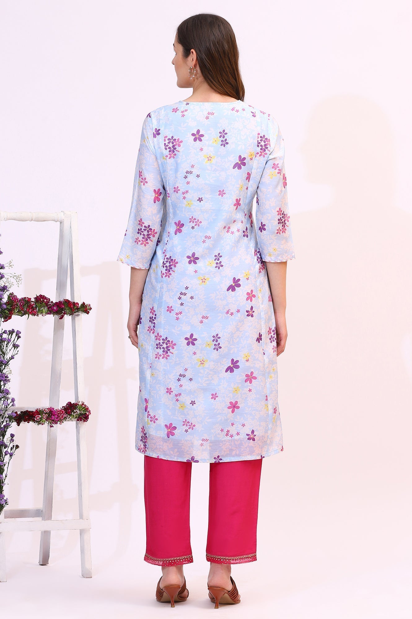 W for Woman Sky Blue Floral Printed Sequined Chanderi Straight Kurta with Scalloped Neck