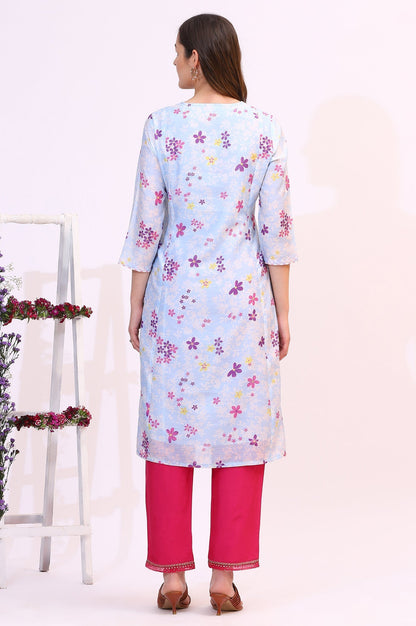 W for Woman Sky Blue Floral Printed Sequined Chanderi Straight Kurta with Scalloped Neck