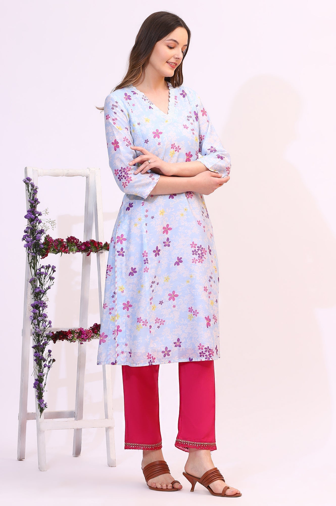 W for Woman Sky Blue Floral Printed Sequined Chanderi Straight Kurta with Scalloped Neck