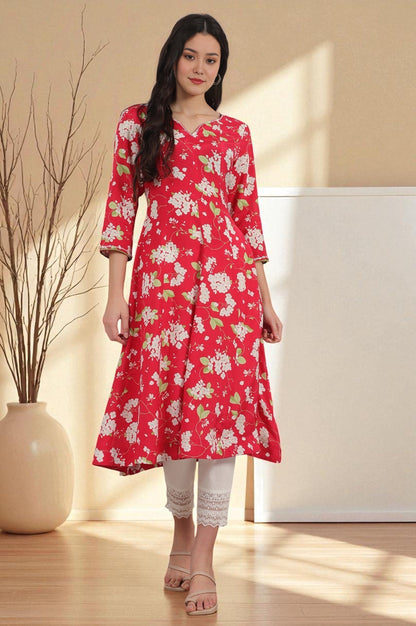 W for Woman Red Floral Printed Rayon A-line Kurta