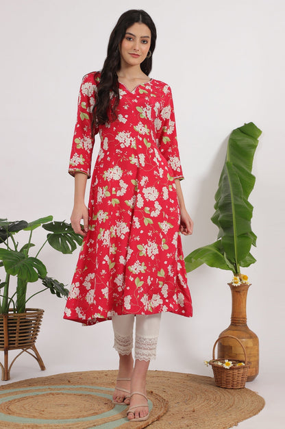 W for Woman Red Floral Printed Rayon A-line Kurta