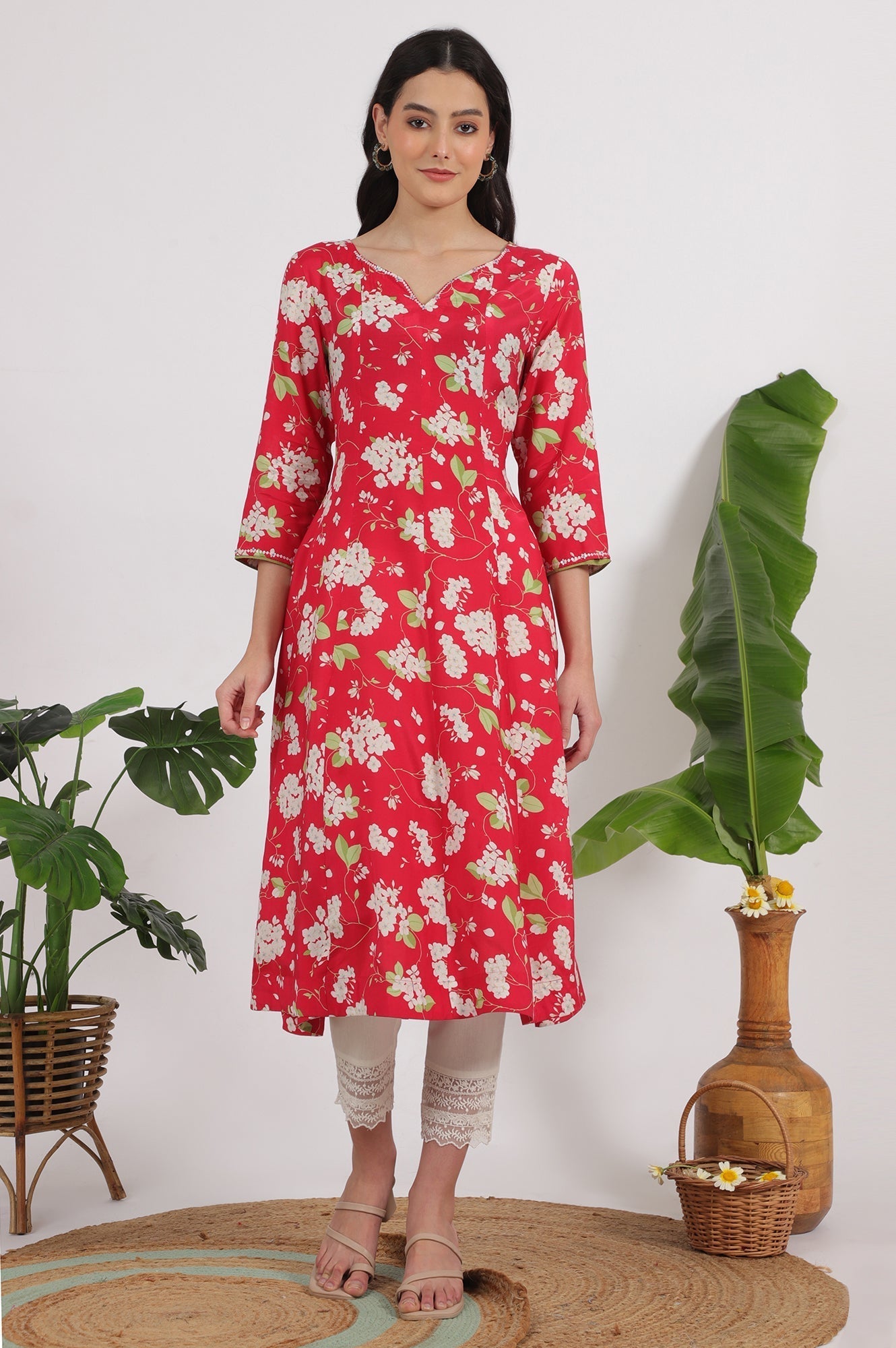 W for Woman Red Floral Printed Rayon A-line Kurta