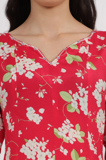 W for Woman Red Floral Printed Rayon A-line Kurta