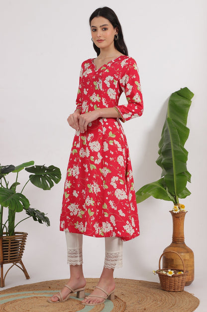 W for Woman Red Floral Printed Rayon A-line Kurta