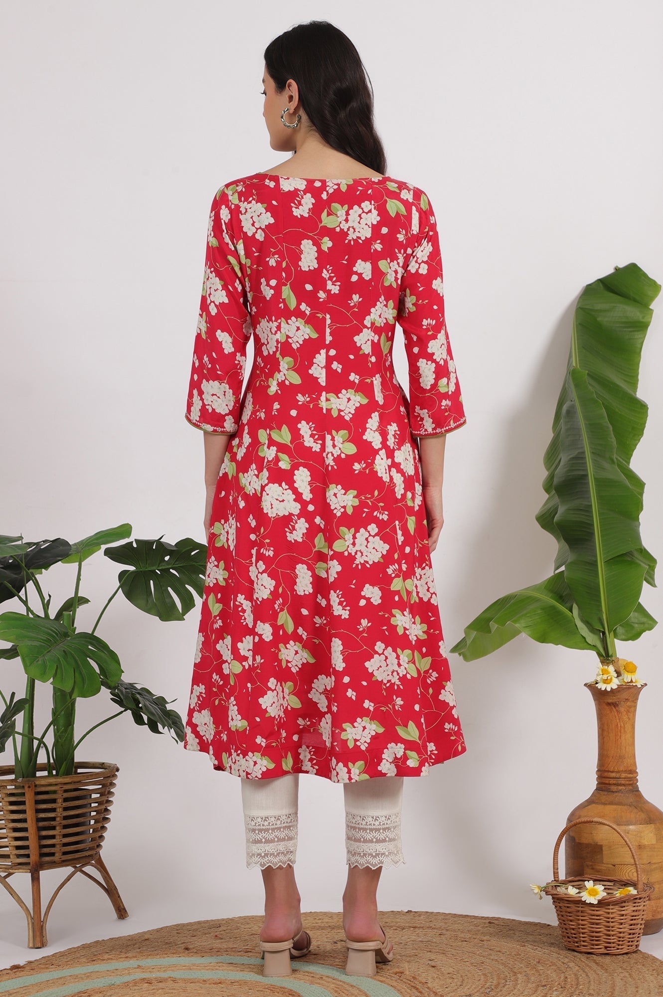 W for Woman Red Floral Printed Rayon A-line Kurta