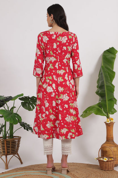W for Woman Red Floral Printed Rayon A-line Kurta