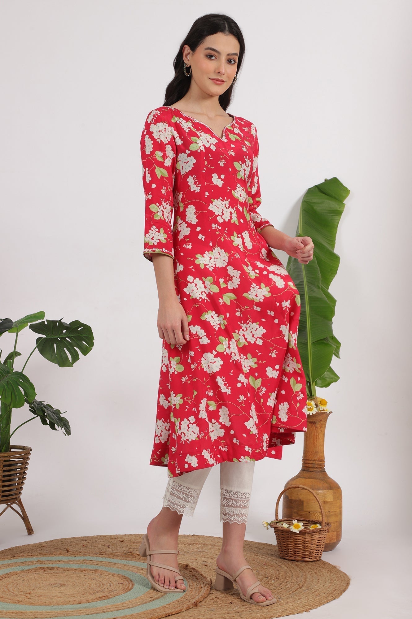 W for Woman Red Floral Printed Rayon A-line Kurta
