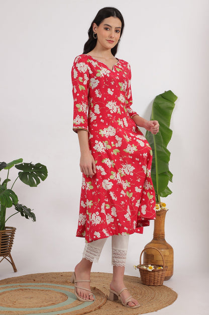 W for Woman Red Floral Printed Rayon A-line Kurta