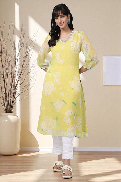 W for Woman Yellow Floral Printed Chiffon Flared Kurta with Beads
