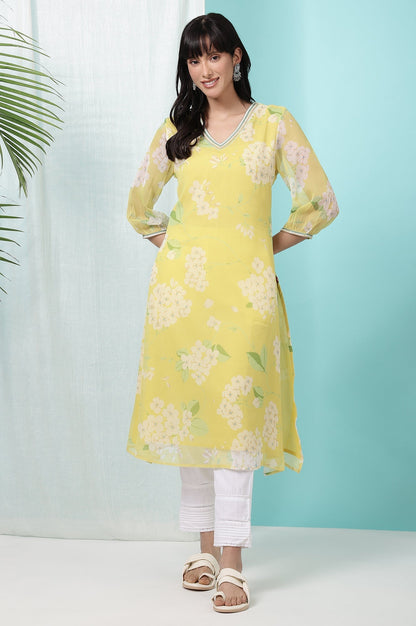 W for Woman Yellow Floral Printed Chiffon Flared Kurta with Beads