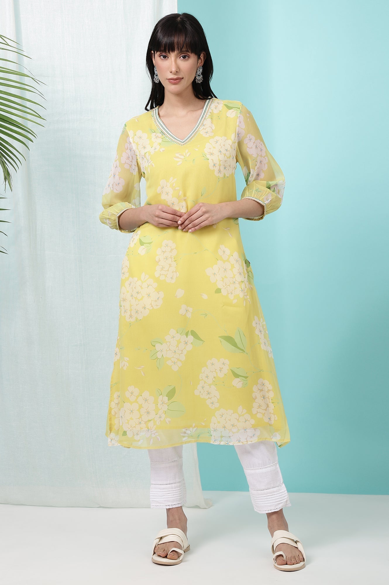 W for Woman Yellow Floral Printed Chiffon Flared Kurta with Beads