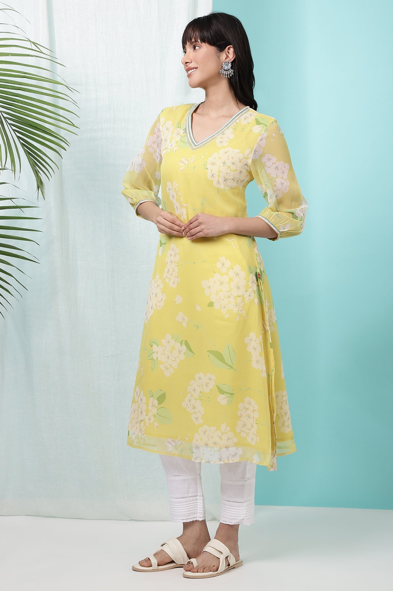 W for Woman Yellow Floral Printed Chiffon Flared Kurta with Beads