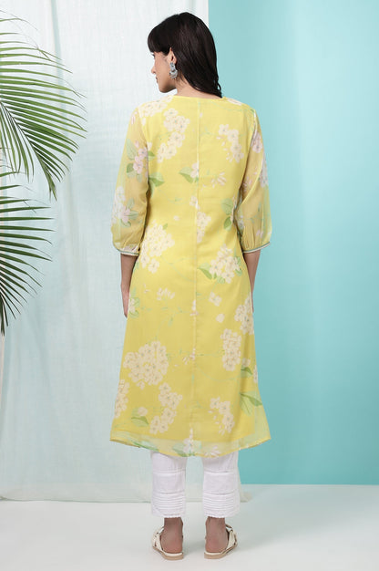 W for Woman Yellow Floral Printed Chiffon Flared Kurta with Beads