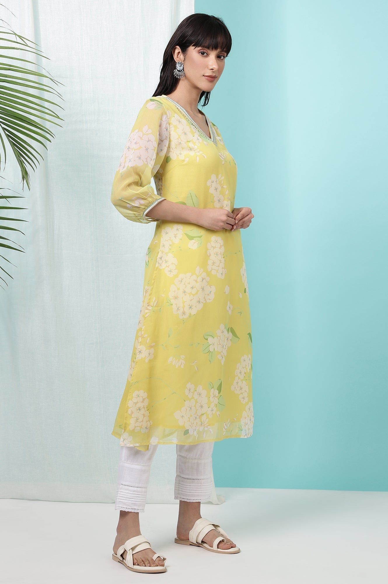 W for Woman Yellow Floral Printed Chiffon Flared Kurta with Beads