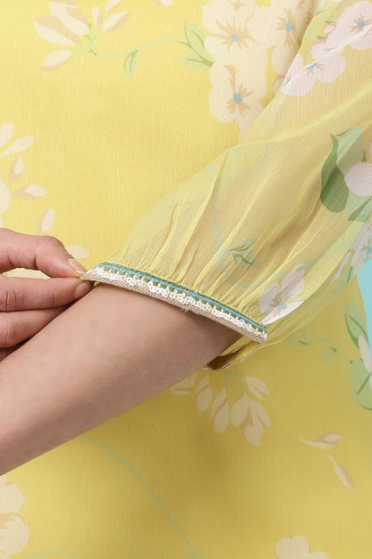 W for Woman Yellow Floral Printed Chiffon Flared Kurta with Beads