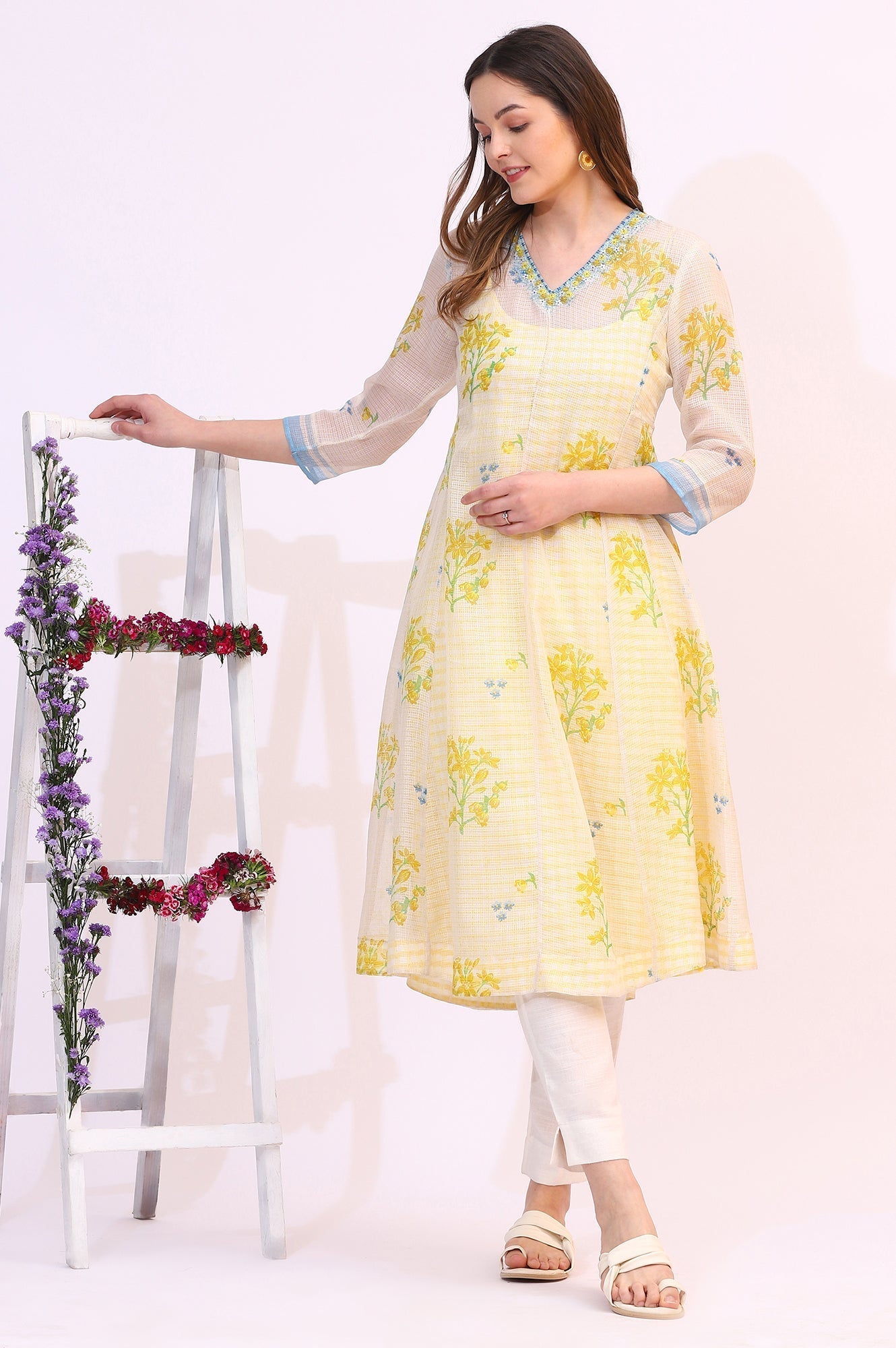W for Woman White Floral Printed Sequined Kota Layered Kurta