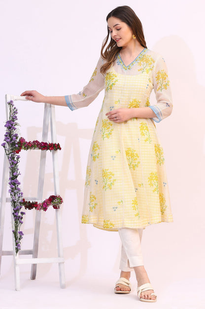 W for Woman White Floral Printed Sequined Kota Layered Kurta
