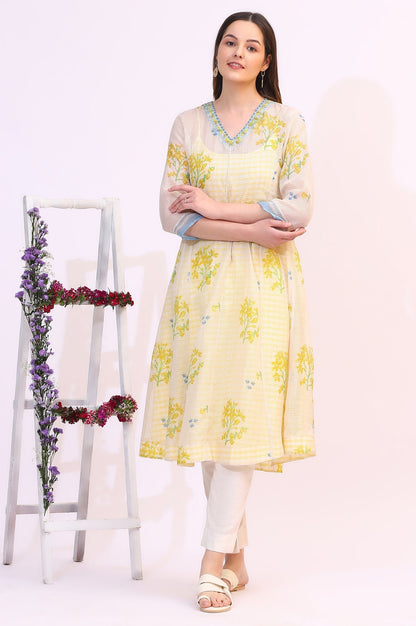 W for Woman White Floral Printed Sequined Kota Layered Kurta