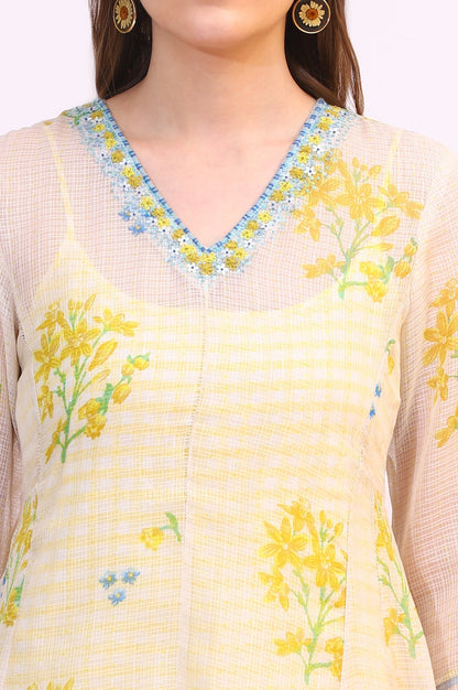 W for Woman White Floral Printed Sequined Kota Layered Kurta
