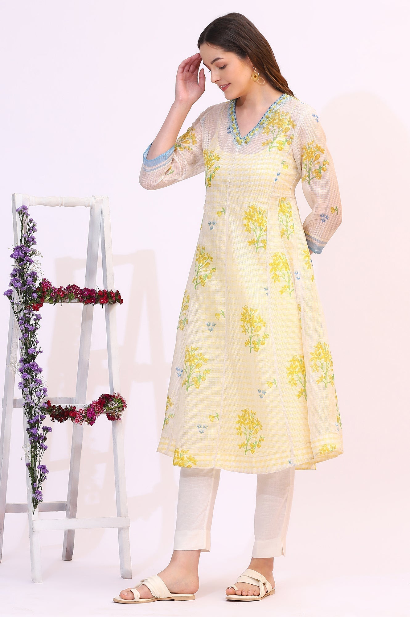 W for Woman White Floral Printed Sequined Kota Layered Kurta