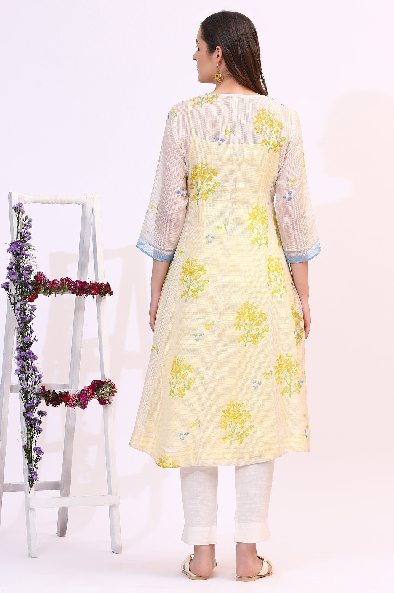 W for Woman White Floral Printed Sequined Kota Layered Kurta