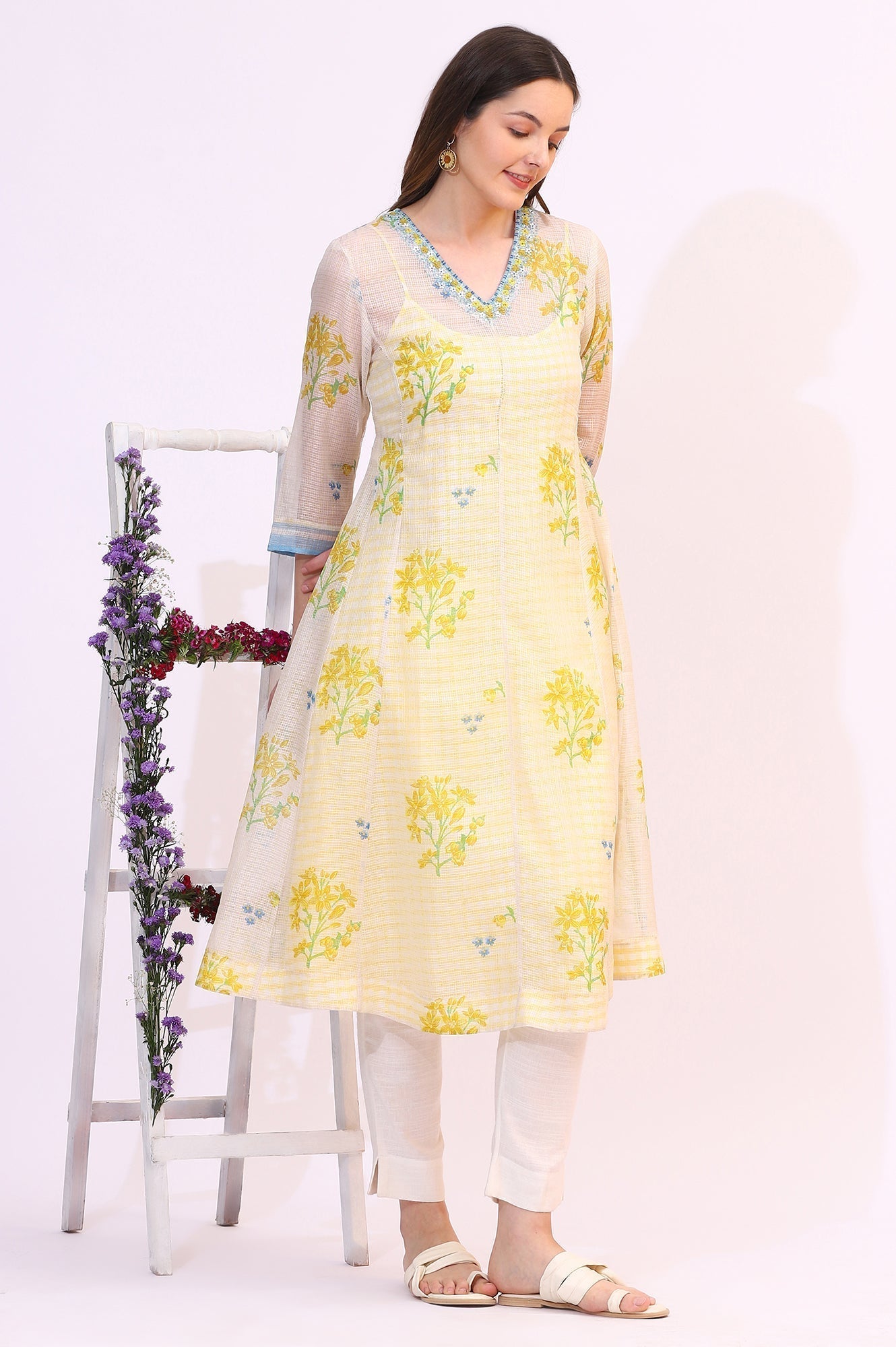 W for Woman White Floral Printed Sequined Kota Layered Kurta
