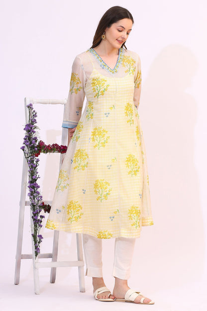 W for Woman White Floral Printed Sequined Kota Layered Kurta