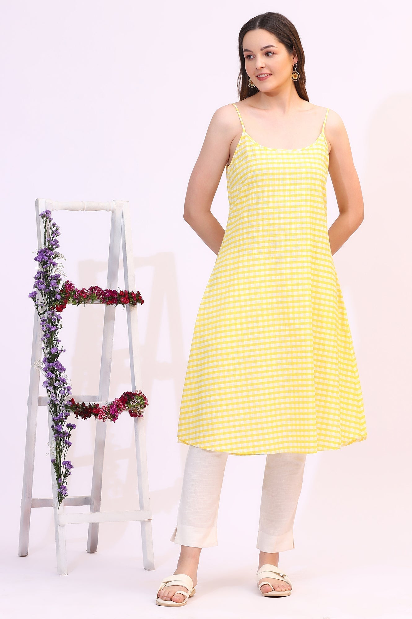 W for Woman White Floral Printed Sequined Kota Layered Kurta