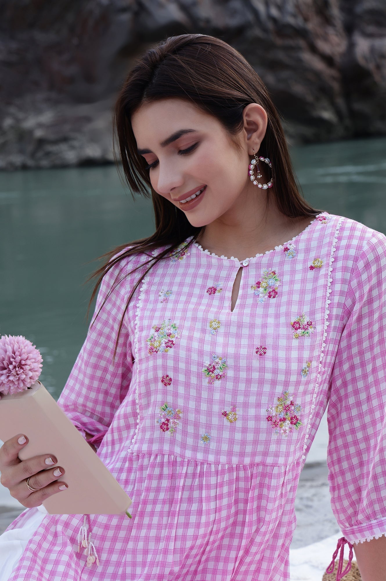 W for Woman Pink and White Checker Cotton Crepe A-line Kurta with Embroidered Yoke