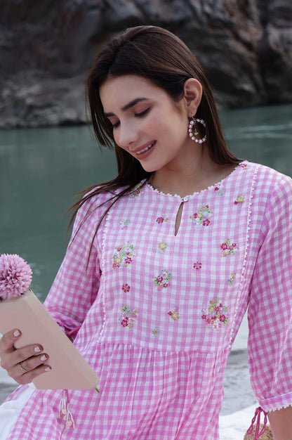W for Woman Pink and White Checker Cotton Crepe A-line Kurta with Embroidered Yoke