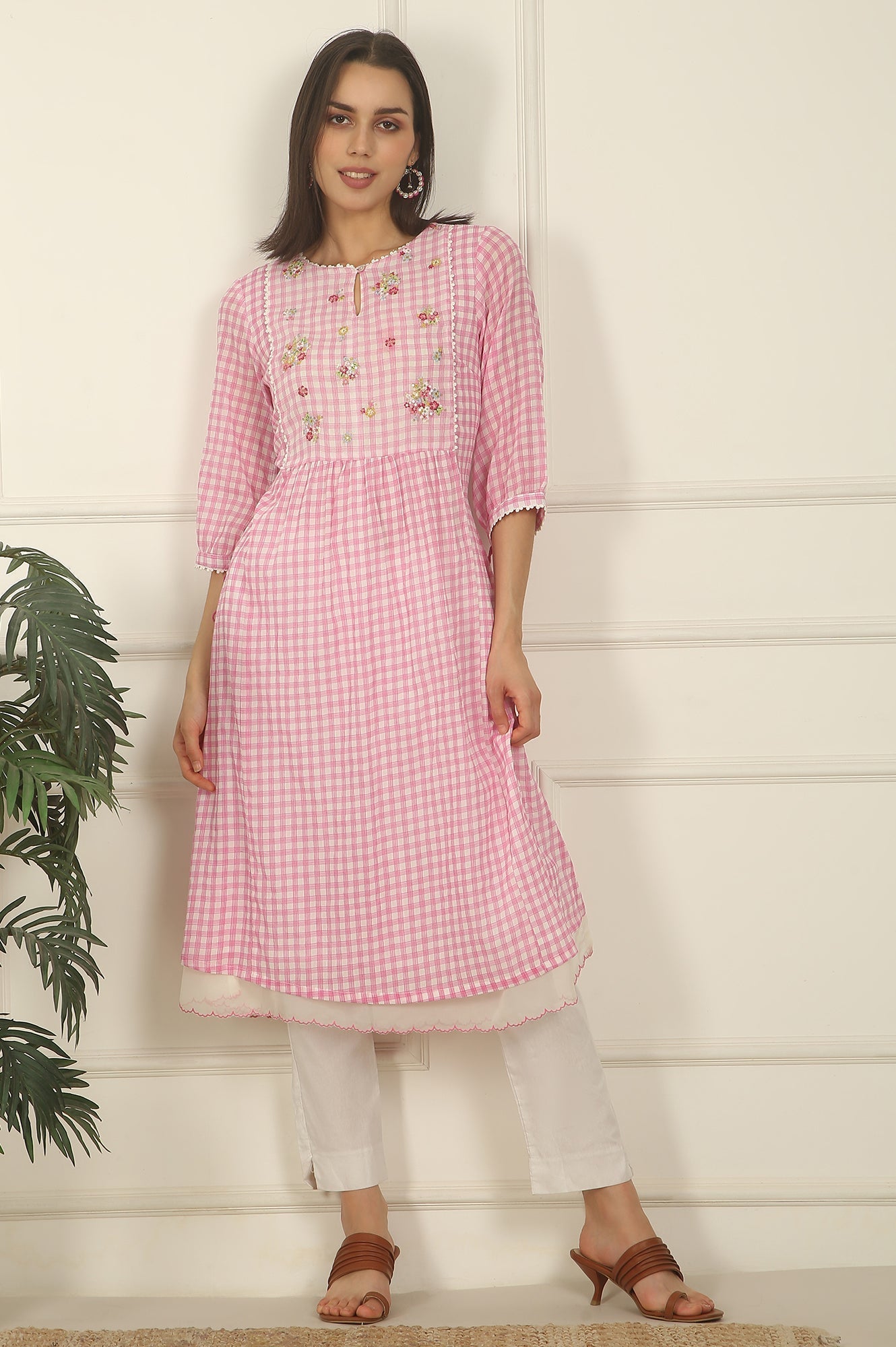 W for Woman Pink and White Checker Cotton Crepe A-line Kurta with Embroidered Yoke