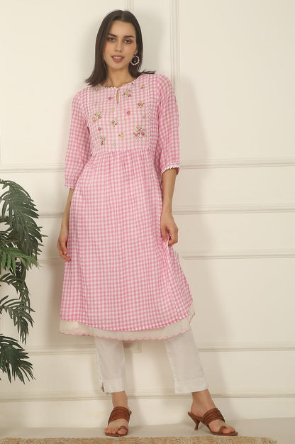 W for Woman Pink and White Checker Cotton Crepe A-line Kurta with Embroidered Yoke