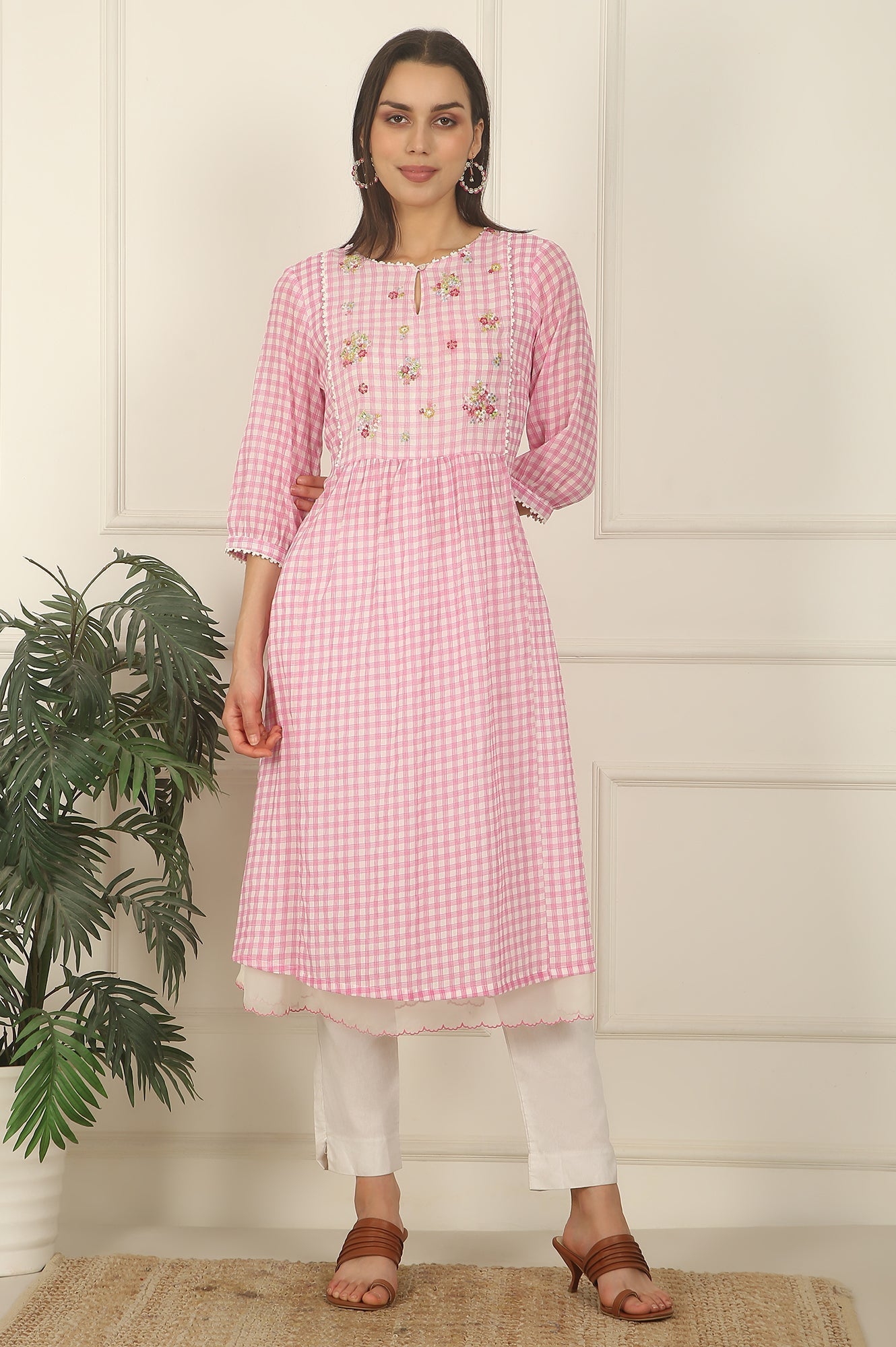 W for Woman Pink and White Checker Cotton Crepe A-line Kurta with Embroidered Yoke