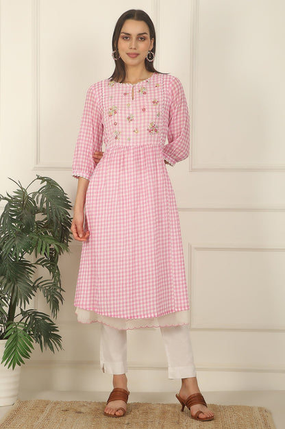 W for Woman Pink and White Checker Cotton Crepe A-line Kurta with Embroidered Yoke