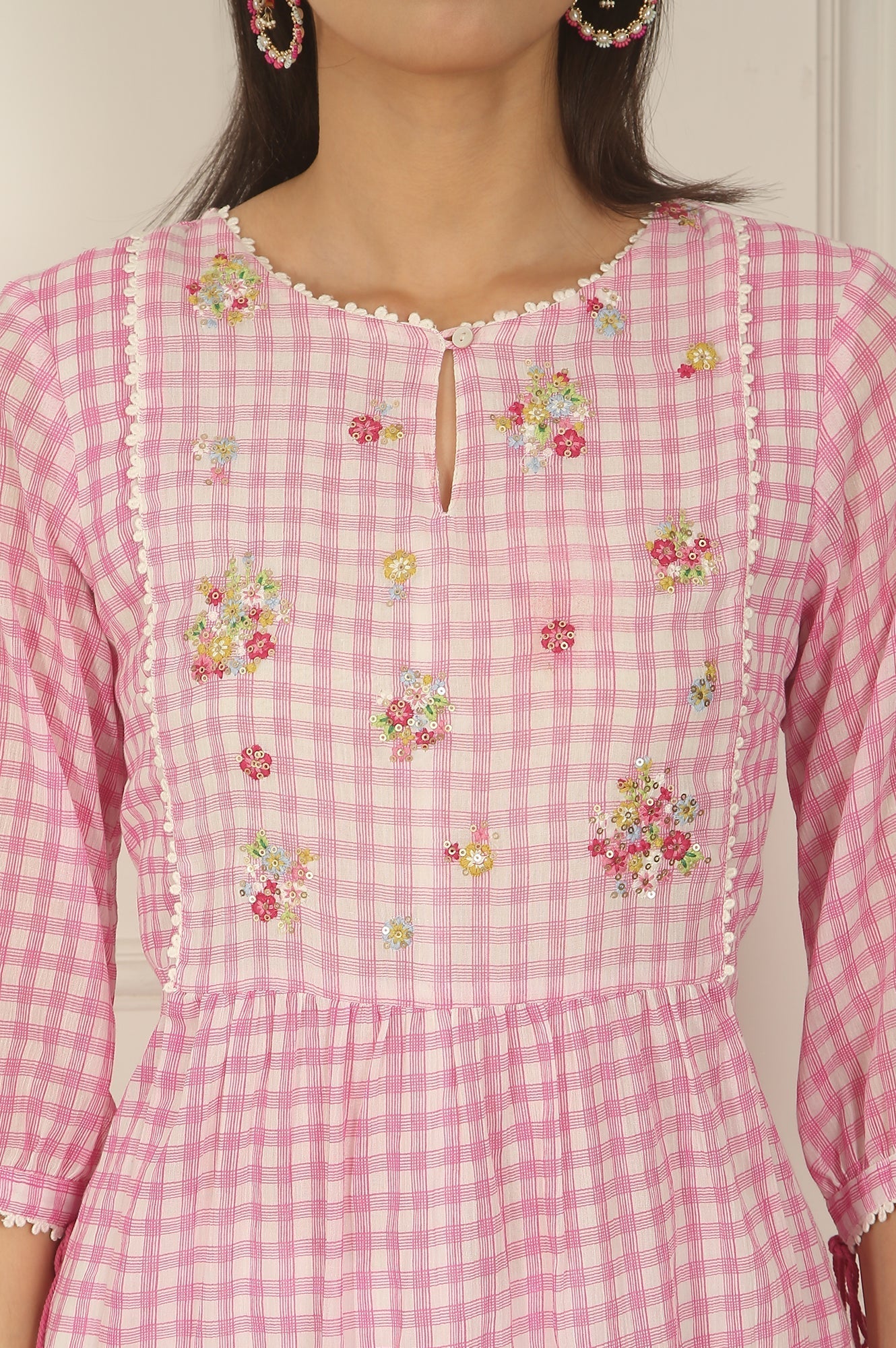 W for Woman Pink and White Checker Cotton Crepe A-line Kurta with Embroidered Yoke