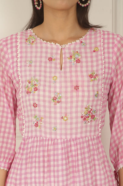 W for Woman Pink and White Checker Cotton Crepe A-line Kurta with Embroidered Yoke