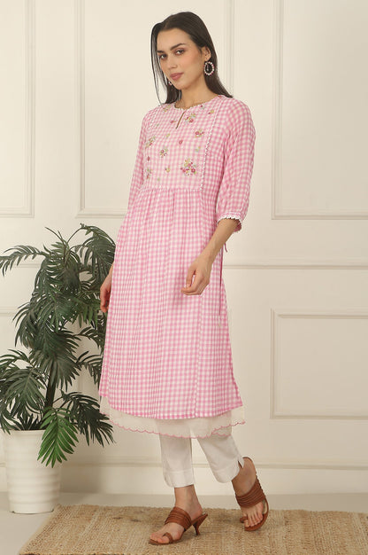 W for Woman Pink and White Checker Cotton Crepe A-line Kurta with Embroidered Yoke