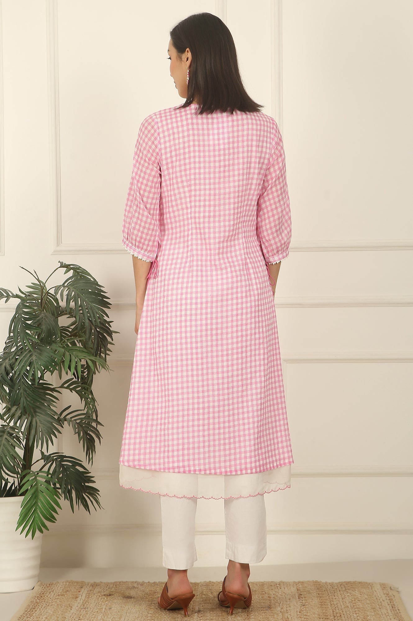 W for Woman Pink and White Checker Cotton Crepe A-line Kurta with Embroidered Yoke
