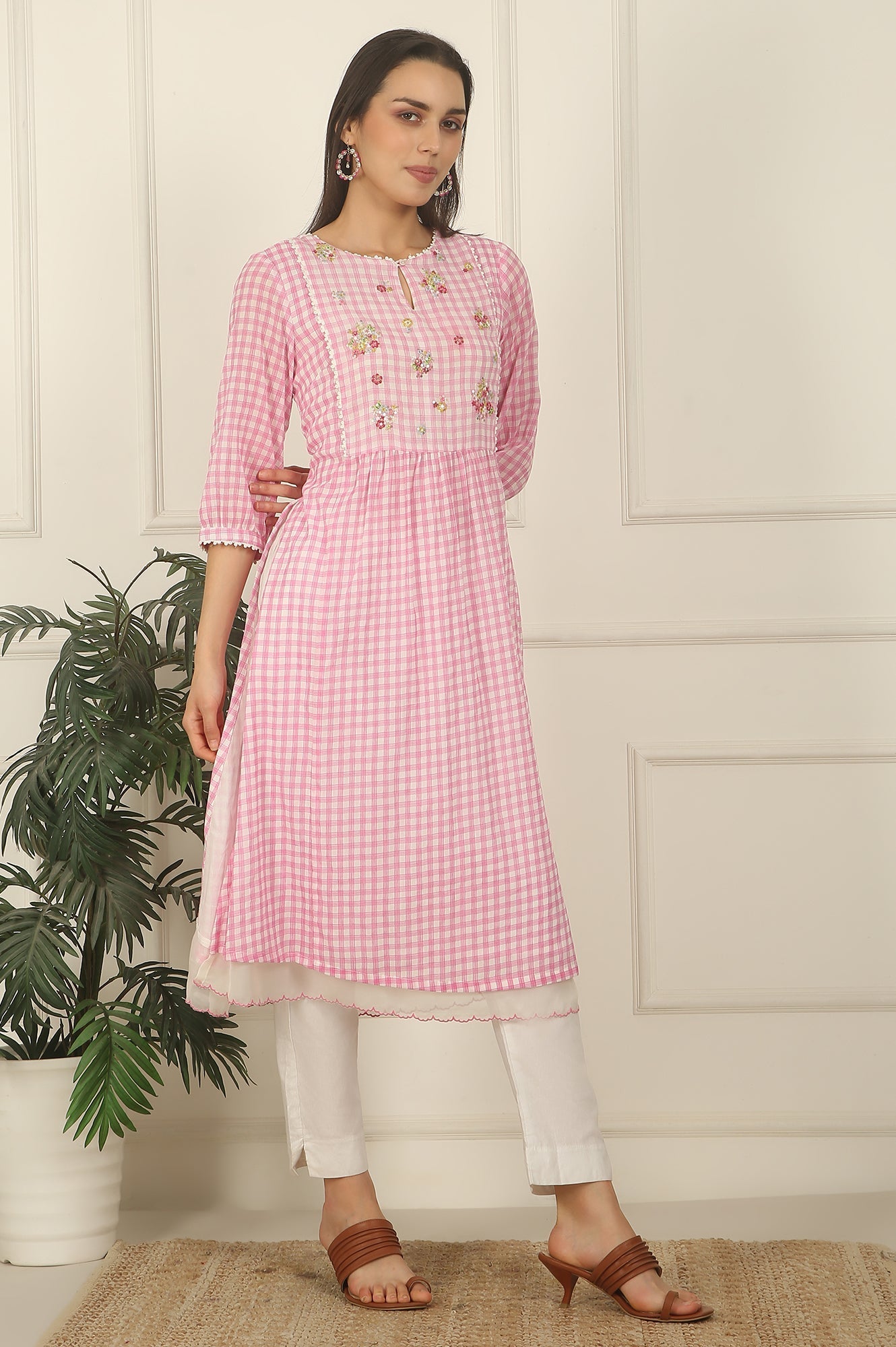 W for Woman Pink and White Checker Cotton Crepe A-line Kurta with Embroidered Yoke