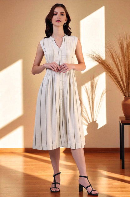 W for Woman Off -White Striped Cotton Blend Flared Western Dress