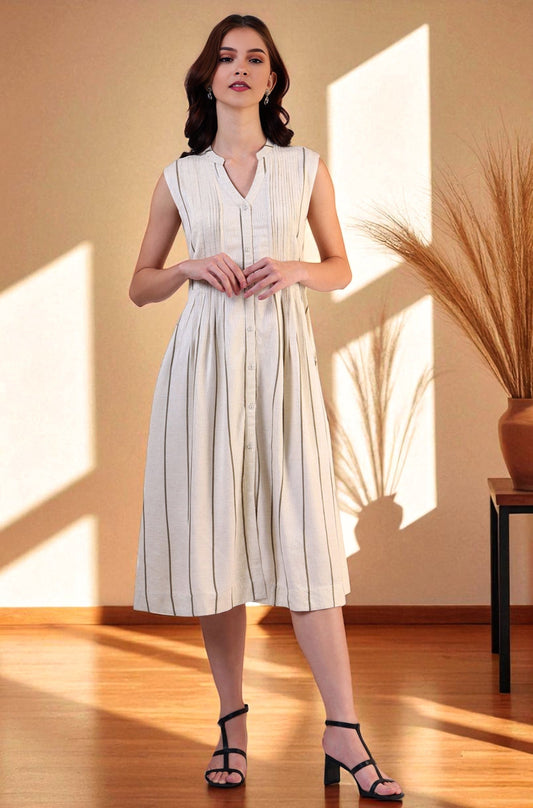 W for Woman Off -White Striped Cotton Blend Flared Western Dress