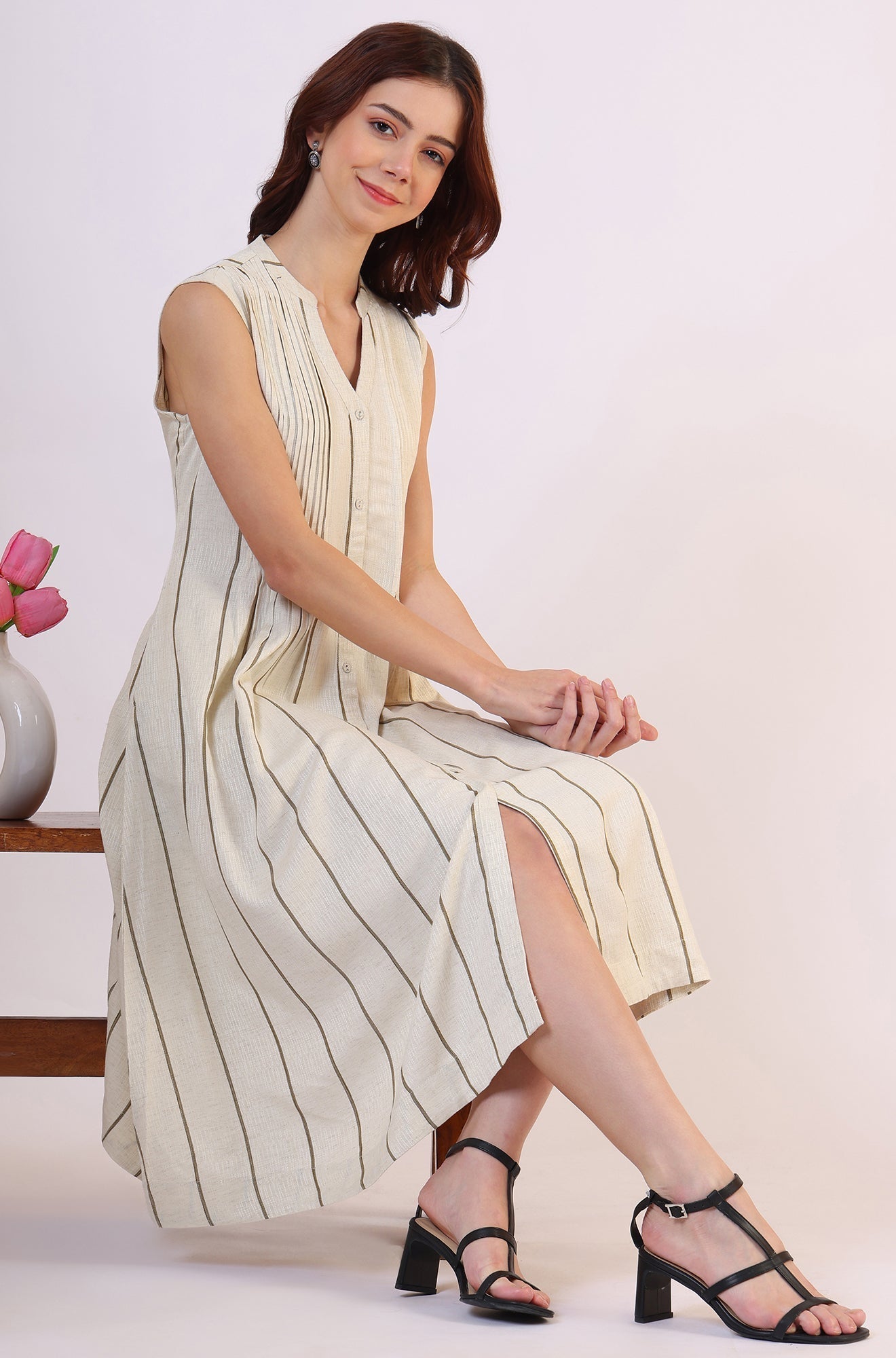 W for Woman Off -White Striped Cotton Blend Flared Western Dress